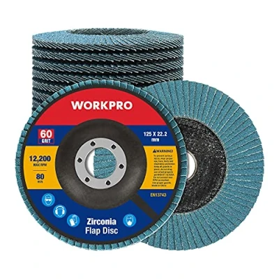 Abbildung von WORKPRO Profi Fächerscheiben 10 Stück Ø 125 mm x 22,2 Fächerschleifscheibe Körnung 60 Blau Standard Schleifmopteller für Edelstahl, Metall und Holz