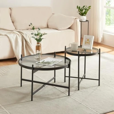 Abbildung von [en.casa] Couchtisch Set Lier Beistelltisch 2er rund Wohnzimmertische Glastische Sofatische Metallgestell Tischplette aus Glas Schwarz