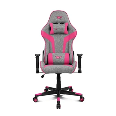 Abbildung von DRIFT Gaming Chair DR90 DR90GP Professional Chair, atmungsaktiver Stoff, gepolsterte 2D Armlehnen, verstärktes Nylon Fußkreuz, Klasse 4 Kolben, Neigung, Lenden /Halswirbelkissen, grau/rosa