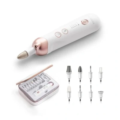 Abbildung von Boston Tech Queen Professionelle Nagelfräse, Elektrisches Maniküre und Pediküre Set, 5 Modi, Schnelle USB Aufladung, 9 Hochwertige Aufsätze, Einstellbare Geschwindigkeit, Tragbar Langlebig (weiß)