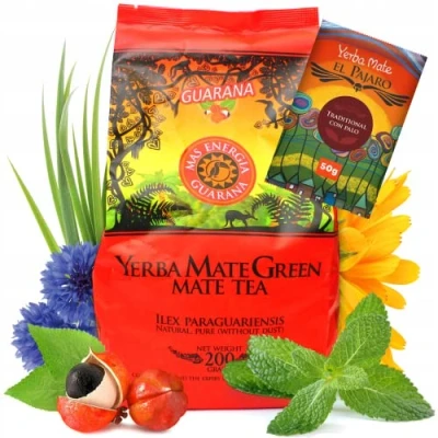 Abbildung von Yerba Mate Green &#039;Mas Energia Guarana&#039; 200g mit Paraguya Tee 50g ● Brasilianischer luftgetrocknet fruchtiges Guarana pulver Minze ohne künstliche Zusätze
