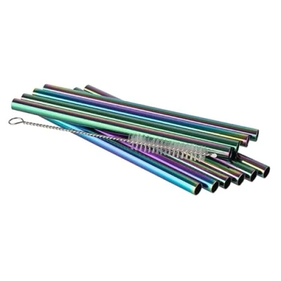 Abbildung von APS 93393 Trinkhalme aus Edelstahl, 10er Set, inkl. Reinigungsbürste, Ø 8 mm, Länge 15 cm, Regenbogen Look