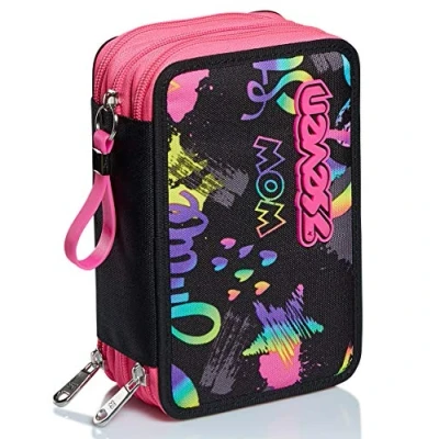 Abbildung von Federmäppchen SEVEN, Mäppchen, mehrfarbig, Federtasche für Schreibwaren, Etui mit Stiften, Kugelschreiber, &amp; mehr, 3 Fächer, Mädchen Jungen, Schule Grundschule, XXL IRIDESCENT rosa/schwarz Sterne