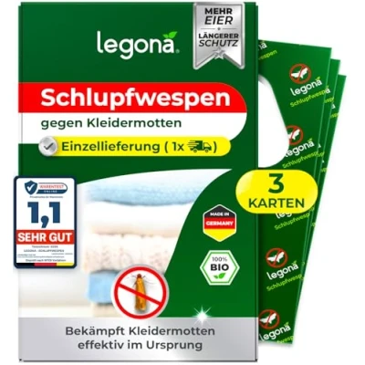 Abbildung von Legona® Schlupfwespen gegen Kleidermotten 3 Karten à 1 Lieferung Effektiv Kleider Motten bekämpfen Alternativer Mottenschutz für Kleiderschrank, Mottenfalle Kleidermotten, Mottenspray