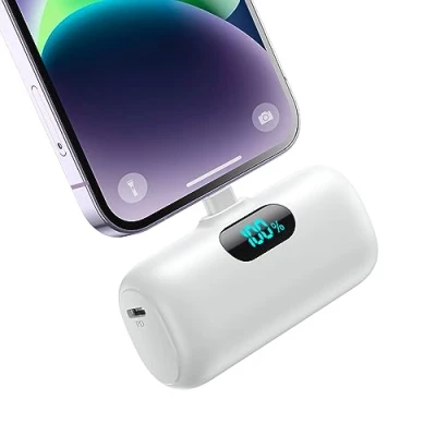 Abbildung von Mini Power Bank für iPhone 5000mAh, Upgrade 15W PD 3.0A Schnellladung, Leicht Kompakt Powerbank LCD Display Akkupack Kompatibel mit 14/14 Pro Max/13/13 Max/12/12 Pro/11/XR/X/8/7/6 Weiß