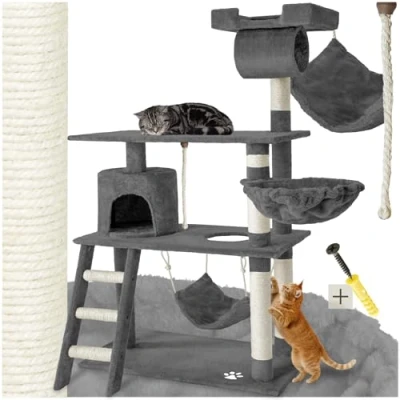 Abbildung von tectake Katzen Kratzbaum, Katzenbaum, Kletterbaum, 141cm hoch, Katzenhaus Indoor mit Hängematte, Höhle, Spielseil und Treppe, Plüsch Sisal, Kratzmöbel Spielzeug, extra breit grau