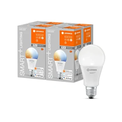 Abbildung von LEDVANCE Smarte LED Lampe mit WiFi Technologie, Sockel E27, Dimmbar, Lichtfarbe änderbar (2700 6500K), ersetzt Glühlampen 60 W, SMART+ Classic Tunable White, 4er Pack