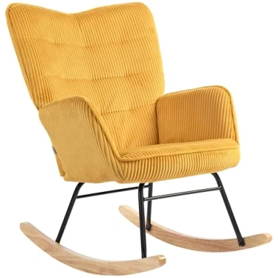 Abbildung von HOMCOM Schaukelstuhl Sessel mit Kord Optik, Armlehne, Holzkufen (Schaukelsessel, 1 St), für Wohnzimmer, Schlafzimmer, Gelb