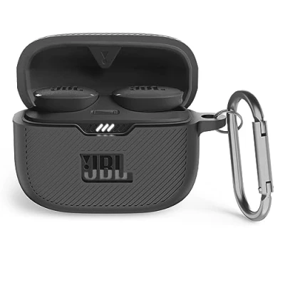 Abbildung von MOWYEOK Silikon Hülle kompatibel mit JBL Tune 130NC TWS, Tragbare Kratz und stoßfeste Silikonhülle, Front LED sichtbar, für TWS Gehäusezubehör, Karabiner Schwarz