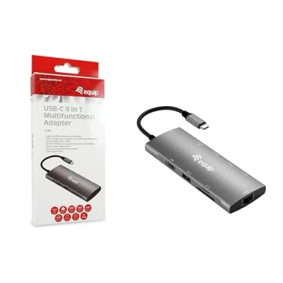 Abbildung von Equip 133490 USB C 9 in 1 Multifunktionsadapter, HDMI 4K/60Hz, Gigabit LAN, 3.2 GEN1, SD/TF, 100W PD