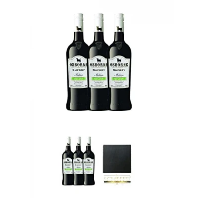 Abbildung von Osborne Gold Medium Sherry 3 x 0,75 Liter Sparpaket + Schiefer Glasuntersetzer eckig ca. 9,5 cm Durchmesser