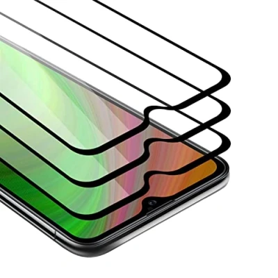 Abbildung von Cadorabo 3x Vollbild Panzer Folie kompatibel mit Samsung Galaxy A20s Schutzfolie in TRANSPARENT SCHWARZ 3er Pack Gehärtetes (Tempered) Display Schutzglas 9H Härte 3D Touch