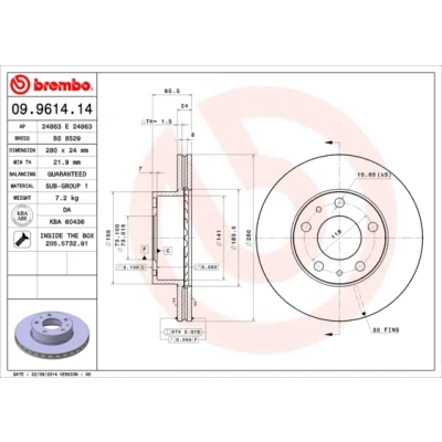 Abbildung von BREMBO 09.9614.14 Bremsscheibe 280 24 5 innenbelüftet mit Schrauben PEUGEOT: Boxer Kastenwagen, Bus