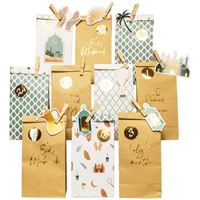 Abbildung von Papierdrachen DIY Ramadan Kalender zum Befüllen für Kinder und Erwachsene Bedruckte Kraftpapiertüten in Mint Gold Aufstellen Dekorieren Eid Mubarak wiederverwendbar Set 5