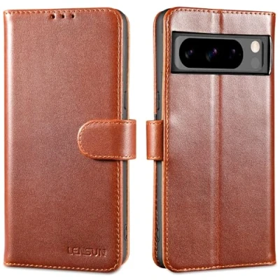 Abbildung von LENSUN Echtleder Hülle für Google Pixel 8 Pro, Handyhülle [Echtes Leder][Kartenfach][Standfunktion] Handytasche Lederhülle Pro 5G Dunkelbraun