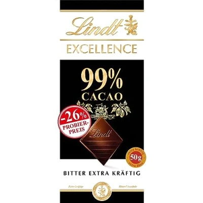 Abbildung von Lindt Schokolade EXCELLENCE 99 % Kakao, Promotion 50 g Tafel Extra kräftige Bitter vegane Schokoladentafel Schokoladengeschenk
