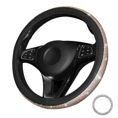 Abbildung von Lifetooler Lenkradbezug Glitzer mit Bling Strass Lenkradhülle Leder Strasssteine Atmungsaktive Universal 38cm/15 Inch Bequem Anti Rutsch Auto Accessoires für Frauen (schwarz Gold)