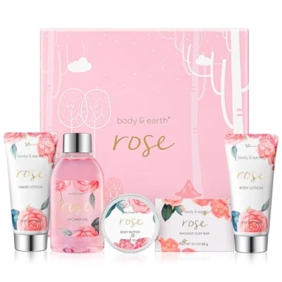 Abbildung von BODY &amp; EARTH Geschenkbox für frauen 5 tlg. Rose Geschenkset Frauen, Duschgel, Körperbutter, Handcreme, Bodylotion, Geburtstagsgeschenk, Geschenke Freundin, weihnachtsgeschenke