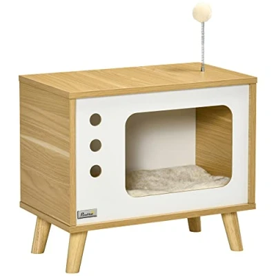 Abbildung von PawHut Tierhaus imTV Design inkl. Spielzeug, waschbares Kissen, Eiche+Beige+Weiß, 50B x 28T 43H cm
