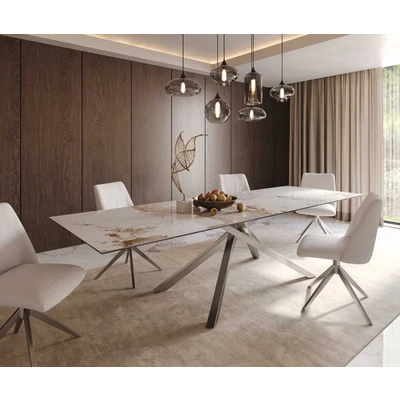 Abbildung von Esstisch Edge 300x100 Keramik Minas Melange Weiß Beige Kreuzgestell Rechteck Edelstahl