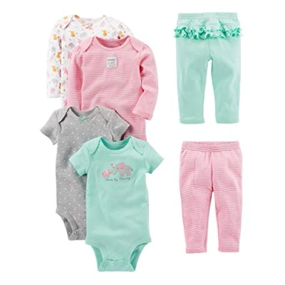 Abbildung von Simple Joys by Carter&#039;s Baby Mädchen 6 teiliges Set, Bodys (Kurz und Langarm) Hosen, Aquagrün Elefant/Grau Punkte/Rosa Streifen/Weiß Waldtiere, 3 Monate