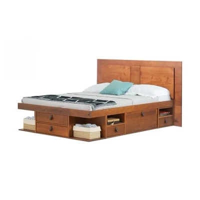Abbildung von Bett mit Stauraum 180x200 + Platzsparendes Kopfteil Lattenrost: Set Bali Karamell. Doppelbett Bettkasten u. Ultra dünnes Kopfteil. Möbel aus Kiefer Massivholz, optimal f. kleine Schlafzimmer