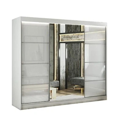 Abbildung von MargaretHadas24 Kleiderschrank Venus III 250 cm inklusive 3 Schiebetüren mit Spiegel Kleiderstange Garderobe Schrank (weiß, lacobel weiß)