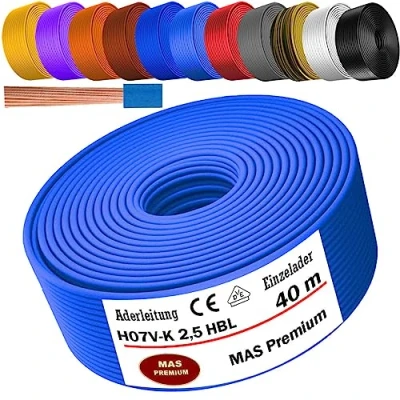 Abbildung von MAS Premium Von 5 bis 100m Aderleitung H07 V K 2,5 mm² SW, HBL, GNGE, RT, DBL, BR, OR, GR, WS, VIO oder GE Einzelader flexibel (Hellblau, 40m)