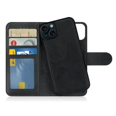 Abbildung von MyGadget Flip Case für iPhone 15 Plus [ abnehmbare Magnet Hülle ] Handyhülle aus Kunstleder Klapphülle mit Kartenfach Schutzhülle in Schwarz