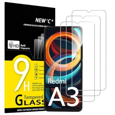Abbildung von NEW&#039;C 3 Stück Displayschutzfolie aus Hartglas für Xiaomi Redmi A3, effektiver Displayschutz gegen Kratzer blasenfrei sehr robust (0,33 mm HD Ultra Transparent), Härtegrad 9H
