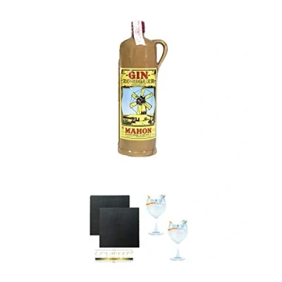 Abbildung von Gin Xoriguer KERAMIKFLASCHE Mahon 0,7 Liter + Schiefer Glasuntersetzer eckig ca. 9,5 cm Ø 2 Stück Sul Copo Ballon Glas