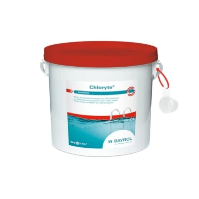 Abbildung von BAYROL Chloryte 5 kg Anorganisches Chlor Granulat ohne Cyanursäure, zur Stoßbehandlung bei Wasserproblemen. Calciumhypochlorit, hochkonzentriert sofortige Wirkung gegen Algen, trübes Wasser