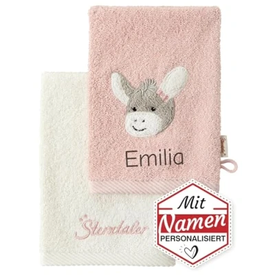 Abbildung von Sterntaler Kinder/Baby Waschhandschuh mit Namen bestickt für Mädchen, 2er Set, Waschlappen personalisiert zur Geburt, Taufe oder als Geschenk zum Geburtstag (Emmi Girl Rosa)