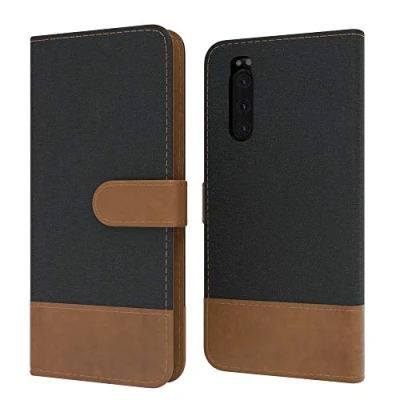Abbildung von EAZY CASE Tasche kompatibel mit Sony Xperia 5 Stoff Schutzhülle Standfunktion Klapphülle im Bookstyle, Handytasche Handyhülle Flip Cover Magnetverschluss und Kartenfach, Kunstleder, Schwarz