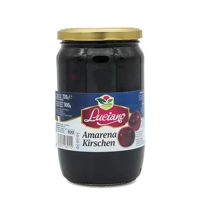 Abbildung von Luciano Amarena Kirschen 500g, entkernte Sauerkirschen im Glas, Maraschino Kirschen, Perfekt für Cocktails und Desserts