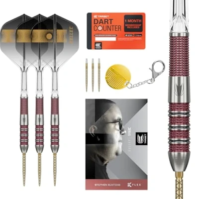 Abbildung von Target Darts Stephen Bunting 95K Swiss Point Steel Tip Dart Set, 22G Kflex Flüge &amp; Schäfte, The Bullet Player Edition 95% Wolframpfeile, Ersatz Gold DX Punkte Premium Schlüsselanhänger SP Tool