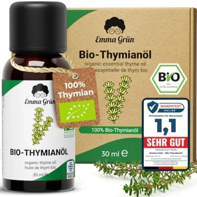 Abbildung von Emma Grün Duftöl Ätherisches Bio Thymianöl 30 ml, naturrein &amp; hochdosiert (Set, Je nach Auswahl: 1x, 2x oder 5x ml), Höchste Zertifizierung als Lebensmittel, ohne Zusätze