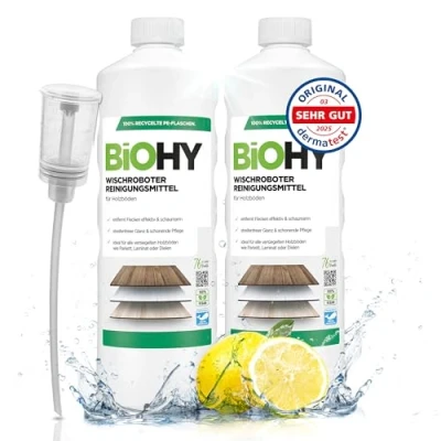 Abbildung von BiOHY Wischroboter Reinigungsmittel (2 x 1 liter) + Dosierer Bodenreiniger Mittel für Holzböden Laminat &amp; Parkettpflege streifenfreier Glanz auf wasserfestem Holz schaumarmes Konzentrat