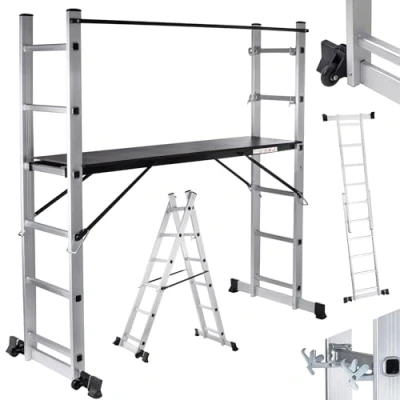 Abbildung von MAXCRAFT Vielzweckleiter Mobile Aluminium Arbeitsbühne / Multifunktionsgerüst mit Rollen