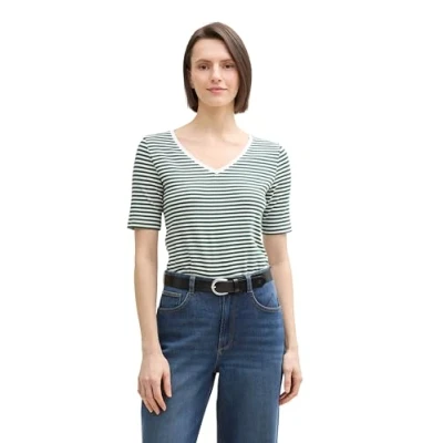 Abbildung von TOM Tailor MIT Vausschnitt Tshirt print, Damen, Größe: Small, Offwhite green regular stripe