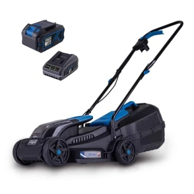 Abbildung von Scheppach Akku Rasenmäher BC MP320 X 20V Brushless Akkumäher 32cm Schnittbreite für 250 300 m2 Schnitthöhenverstellung von 20 60mm 30L Korb IXES Serie mit 4Ah &amp; 2,4A Ladegerät