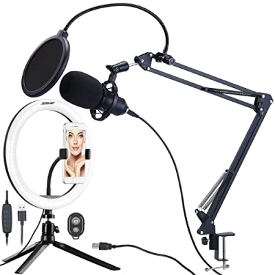 Abbildung von auvisio USB Mikrofon: Profi Kondensatormikrofon mit Popschutz &amp; Ringlicht (Gaming Mikrofon, Podcast Mikrofon USB, Handyhalterung)