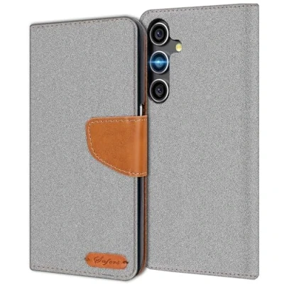 Abbildung von Verco kompatibel mit Samsung Galaxy S23 FE Hülle, Schutzhülle für 5G Tasche Denim Textil Book Case Flip Klapphülle, Grau