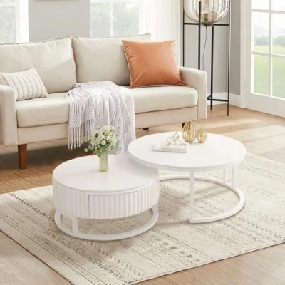 Abbildung von Rund Beistelltisch 2er Set Couchtisch Weiß Kaffeetisch Mit Stauraum 2 In 1 Satztische Stabilem Metallgestell 50+70cm Wohnzimmertisch Rock Slab Tischplatte Moderne Wohnzimmer Tisch Für Couch