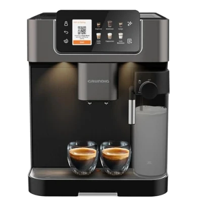 Abbildung von Grundig KVA 8230 Kaffeevollautomat, Kaffeemaschine, 18 Kaffeespezialitäten, 13 Mahlgrade, Milchbehälter, leistungsstark 1350 W, 19 Bar Pumpendruck, Zweifachdüse, Beleuchtung, Schwarz/Dunkelsilber