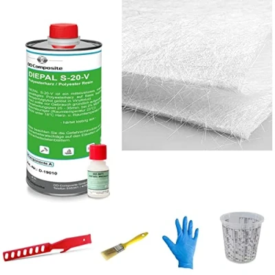 Abbildung von DD Composite Reparatur Set Auto Boot Motorrad Polyesterharz 1kg plus 20g Härter 1m² Glasfasermatte Pinsel Rührstab Mischbecher Handschuhe vielseitig