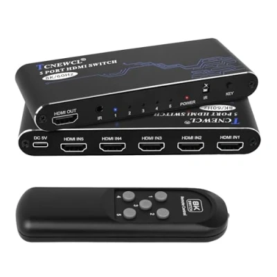 Abbildung von TCNEWCL HDMI 2.1 Switch 5 in 1 Out, 8K/60Hz 4K/120Hz Umschalter Port, 5x1 Switcher Selector Video Umschaltpulte mit IR Fernbedienung, für PS5/PS4/Xbox/Blu Ray Player/HDTV/DVD