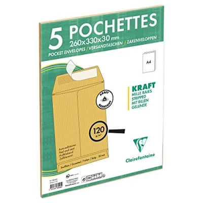 Abbildung von Clairefontaine 74545C Packung mit 5 Versandtaschen Kraftbraun E4 260x400 mm, Rillen, dehnbar Falten 30 selbstklebend, 120g, 1 Pack