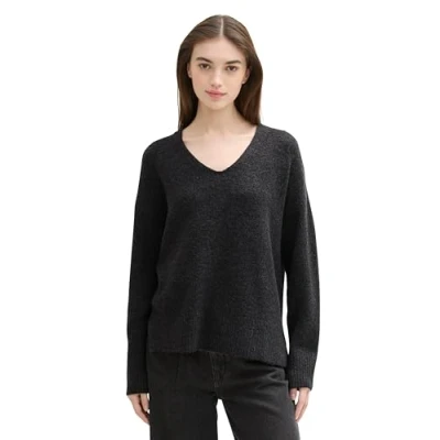 Abbildung von TOM Tailor Denim MIT Vausschnitt Strickpullover, Damen, Größe: Small, Shale grey melange