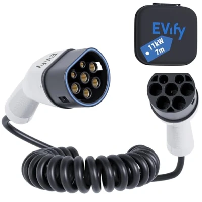 Abbildung von EVify Typ 2 Spiralladekabel 11kW 7M 16A für Elektroauto &amp; Hybrid inkl. Kabeltasche Spiralkabel 3 phasig EV PHEV Platzsparend, geeignet alle E Autos Modell S X Y, ID3, ID4, ID5